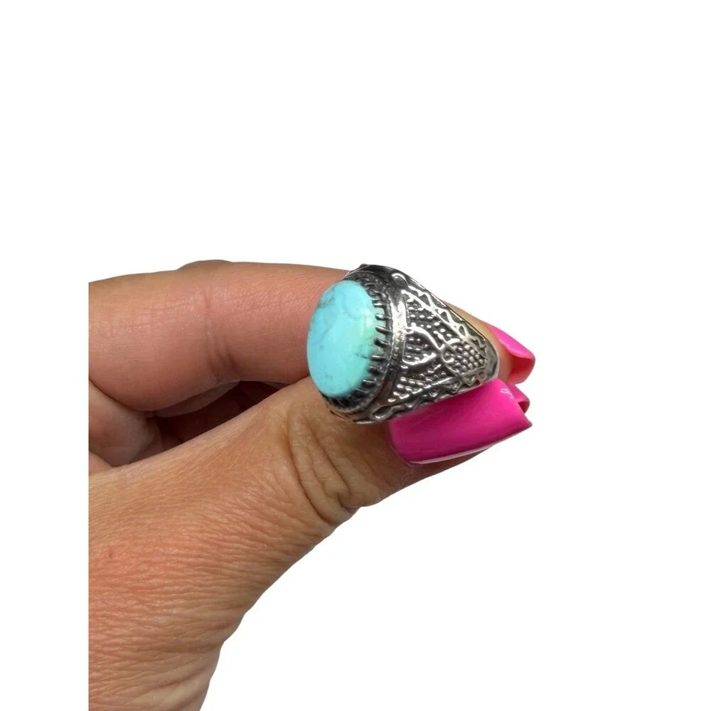 Kingman Mine Turquoise Ring Size 9.5 Solid 925 Sterling Silver Oval Men's Unisex
